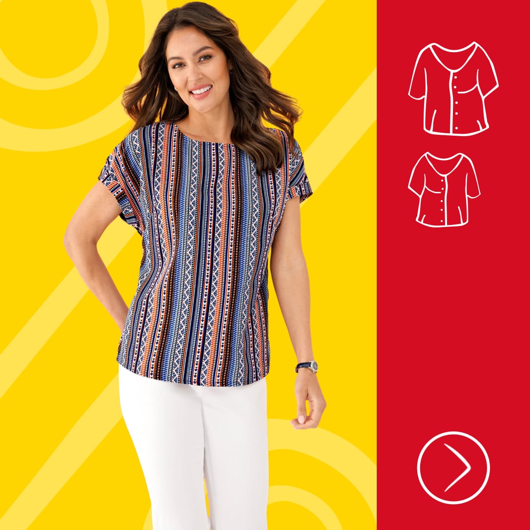 Ein Model trägt ein buntes, langärmeliges Oberteil mit floralem Muster. Sommer-Sale Blusen. Bild oder Schaltfläche darunter anklicken, um in den Shop zu gelangen >