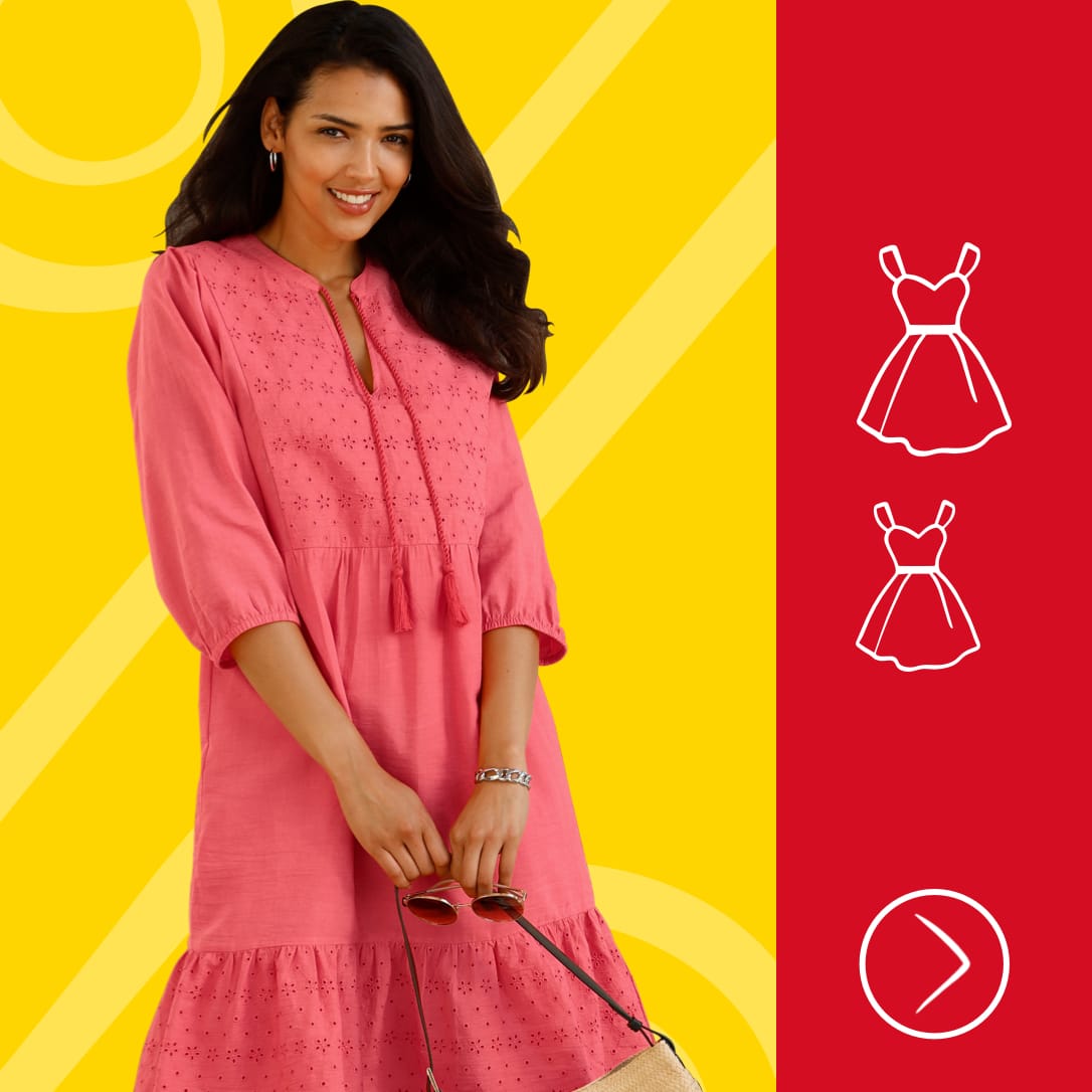 Ein Model trägt ein korallenrotes Kleid mit 3/4-Ärmeln, Stickerei und Quasten. Sommer-Sale Kleider. Bild oder Schaltfläche darunter anklicken, um in den Shop zu gelangen >
