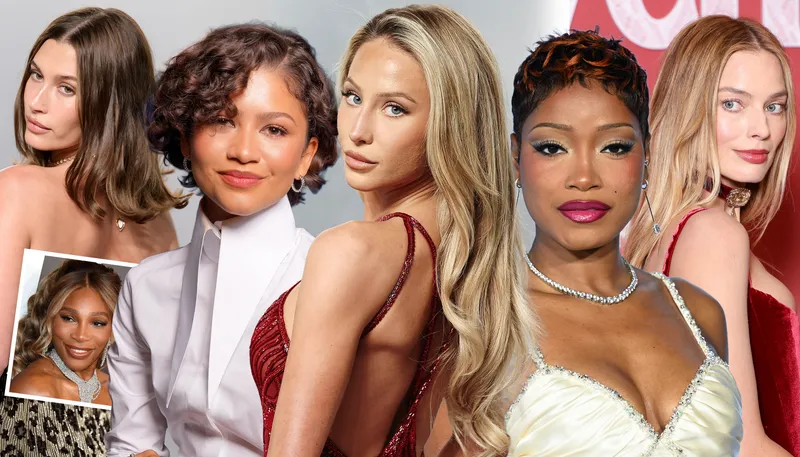 Photos of Hailey Bieber, Zendaya, Alix Earle, Keke Palmer, Margot Robie, and Serena Williams demonstrating highlighted hair