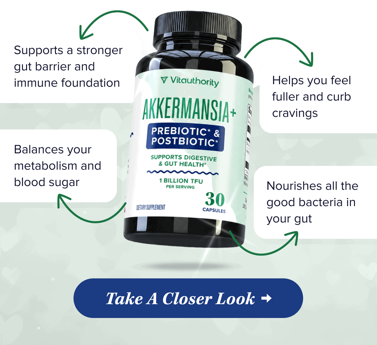 Supports a stronger gut barrier and immune foundation   Helps you feel fuller and curb cravings   Balances your metabolism and blood sugar   Nourishes all the good bacteria in your gut   Take A Closer Look