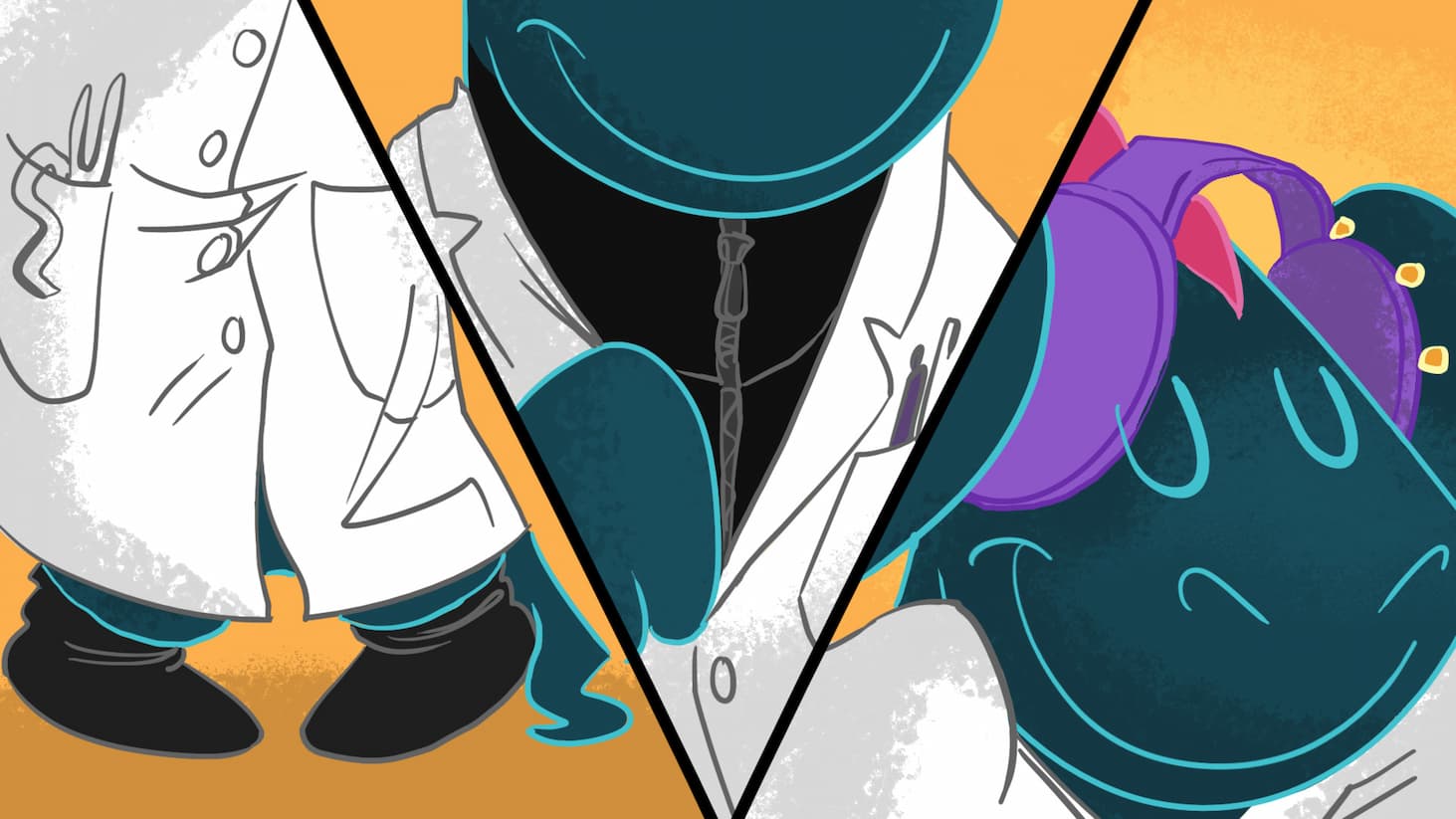Illustrated three-panel image of Toestie the Dragon wearing a white lab coat, shown from different angles, with a stethoscope and purple ear muffs, a warm vest and warm socks.