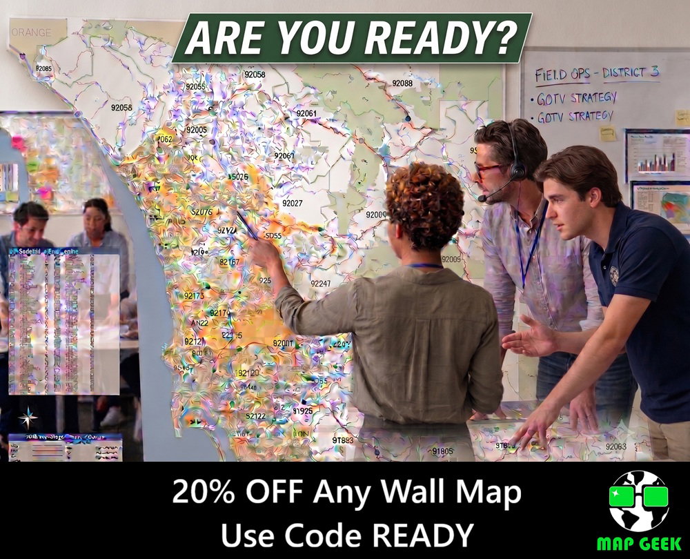 Workroom with wall map, strategizing for progress ahead...