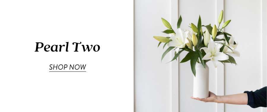 Product section featuring the text “Pearl Two” and “Shop Now” beside a hand holding a white lily arrangement in a white vase.