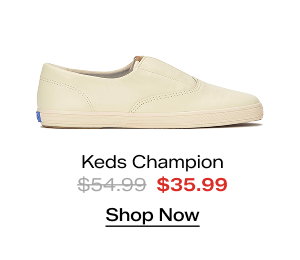A side view of the Keds Champion Round Toe Leather Slip-On in parchment which was $54.99 and is now $35.99 for a limited time. Shop Now.