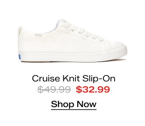 A side view of the Cruise Knit Slip-On in snow white which was $49.99 and is now $32.99 for a limited time. Shop Now.