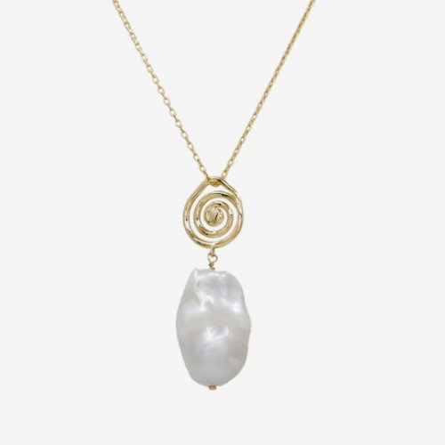 HS Edit MOLTEN 18ct Yellow Gold Plated Sterling Silver Moulded Swirl Baroque Pearl Pendant Necklace