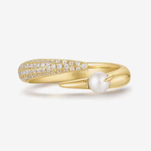Ania Haie Women's Yellow Gold Plate Sparkling Simulated Pearl Crossover Adjustable Ring