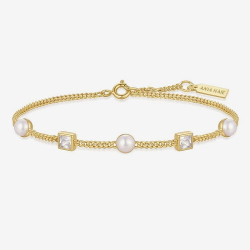 Ania Haie Women's Yellow Gold Plate Bezel-Set Cube & Simulated Pearl Station Bracelet