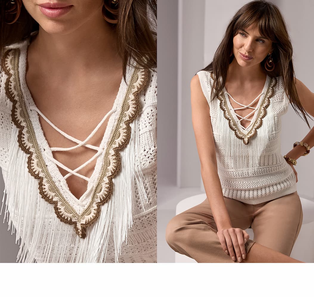 Crochet and Fringe Detail Sleeveless Sweater