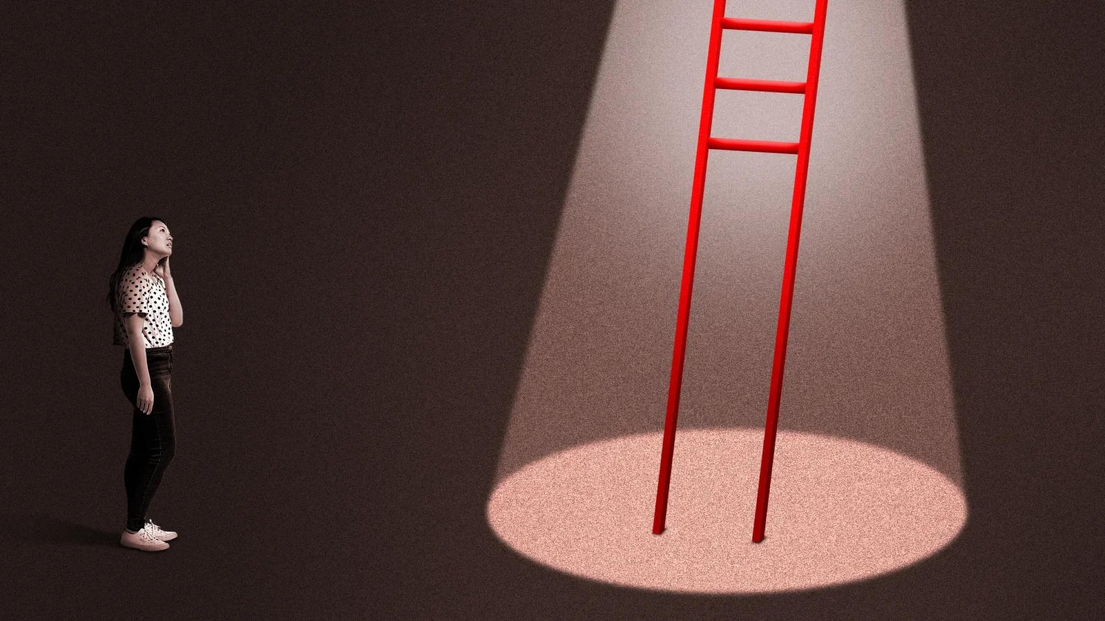 Illustration of a young woman looking up at a ladder with missing rungs
