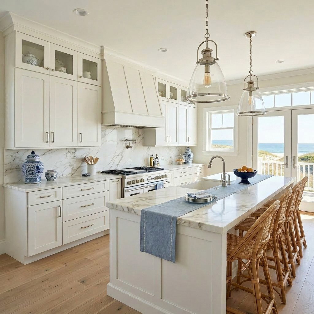 Bright kitchen with island and ocean view.