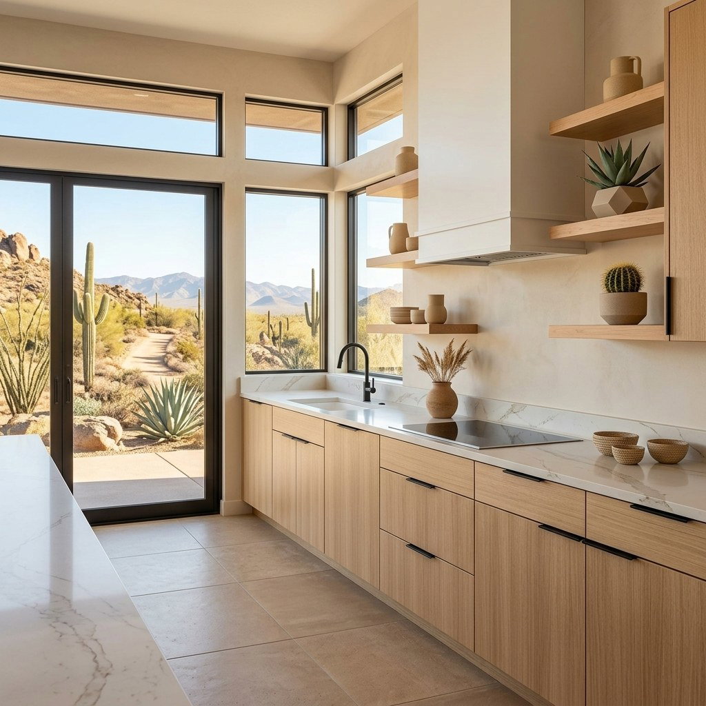 Modern kitchen with desert view and cacti.