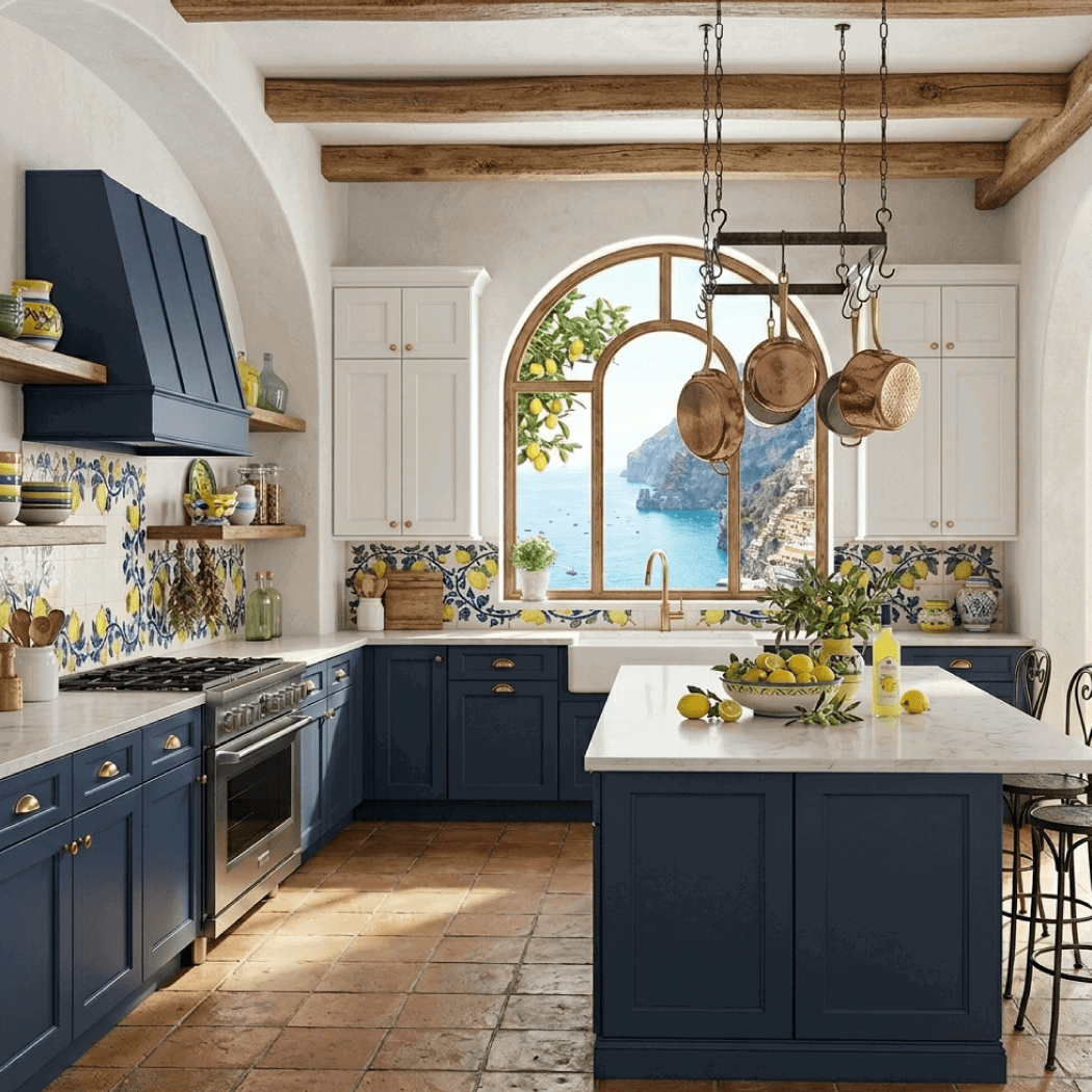 Mediterranean kitchen with sea view and lemons.