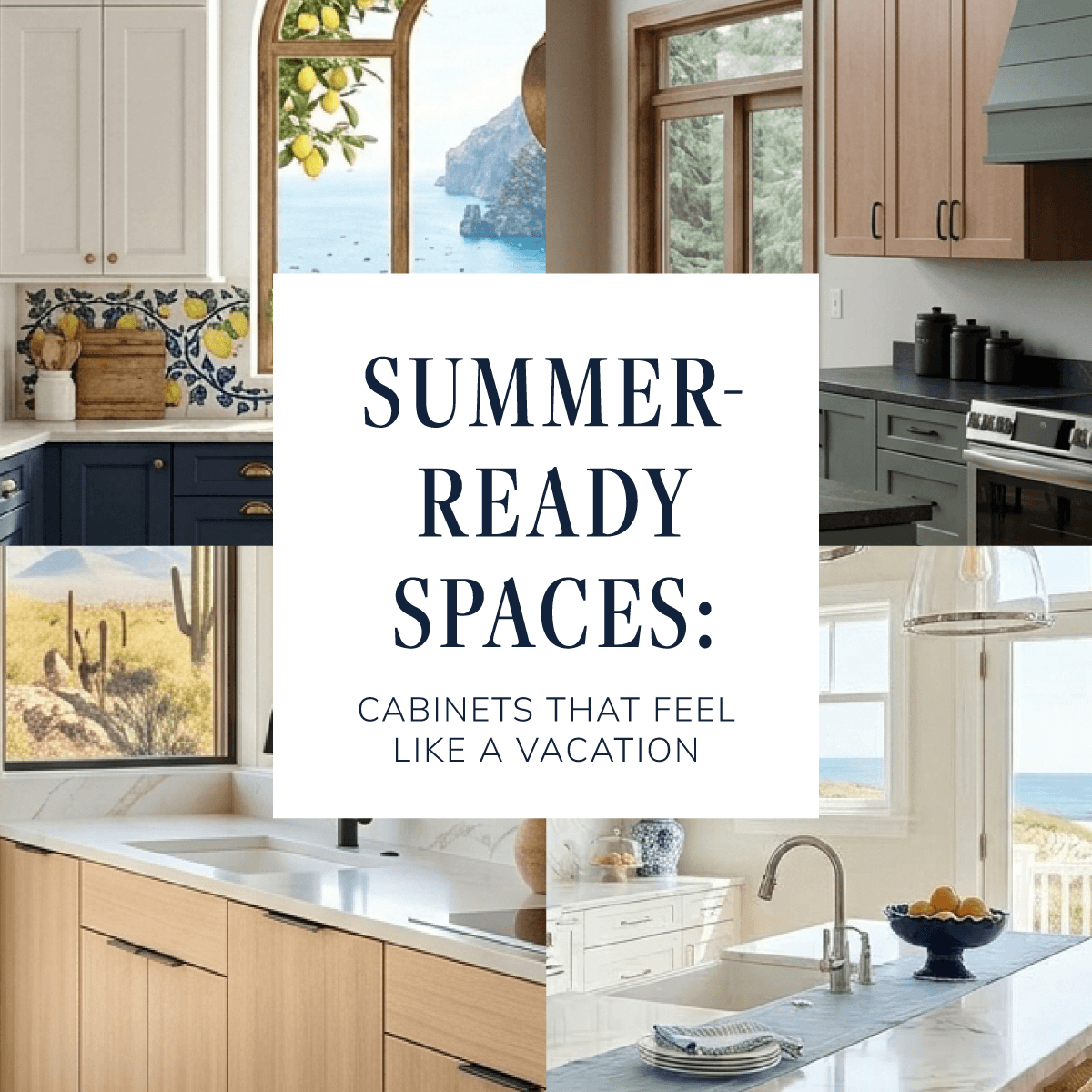 Collage of summer-themed kitchen cabinets.