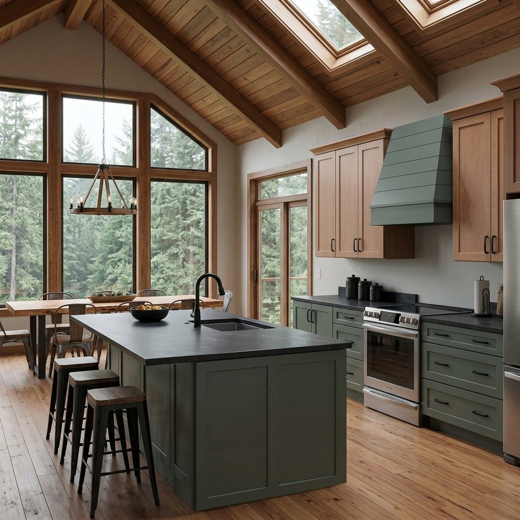 Rustic kitchen with island, large windows, skylight.