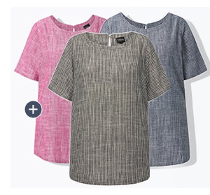 Bluse, Leinenmix, Streifen, Rundhals, Halbarm