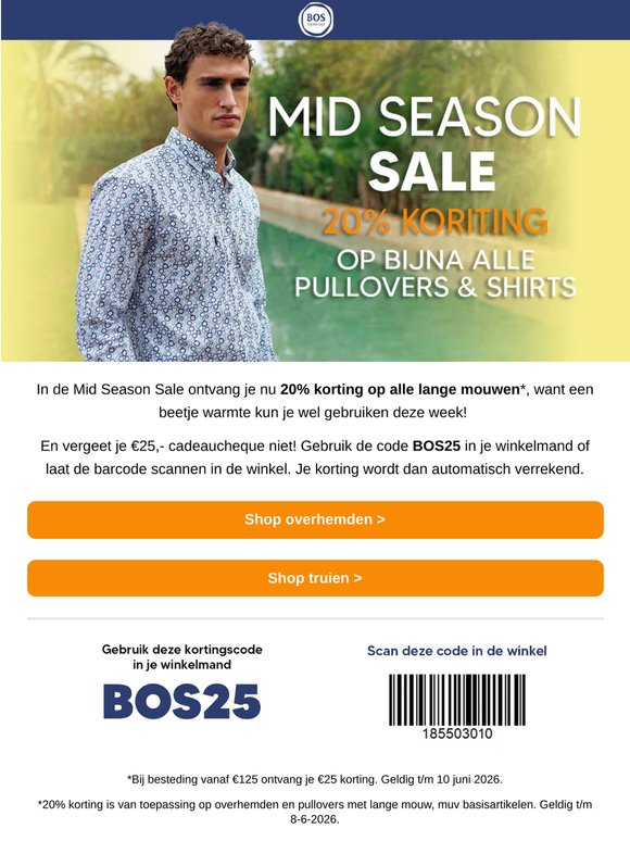 20% korting op alle hemden en pullovers!
