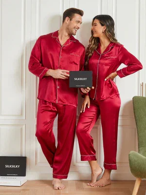 Image of Zijden Pyjama met Lange Mouwen Voor Paar (totaal 4 stks)