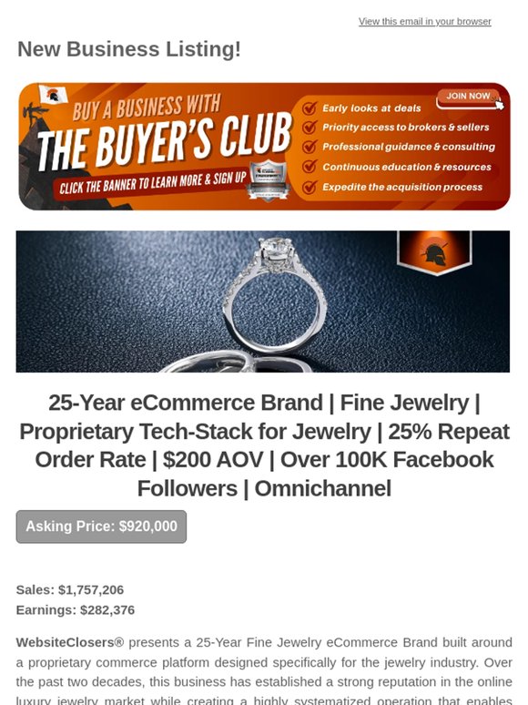 New Deal Alert: 25-Year eCommerce Brand | Fine Jewelry | Proprietary Tech-Stack for Jewelry | 25% Repeat Order Rate | $200 AOV | Over 100K Facebook