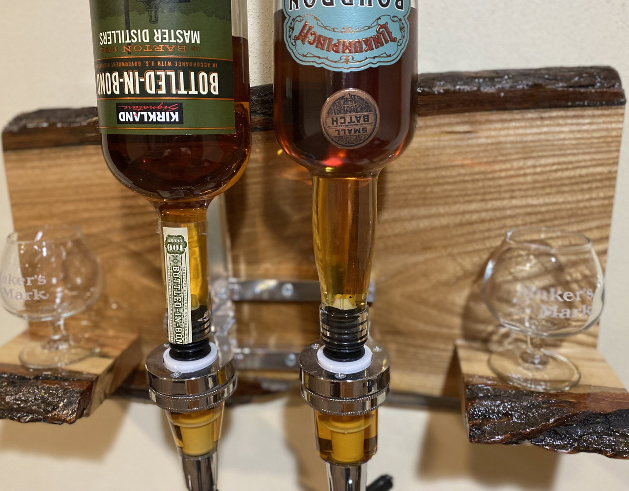 Image of TB Wood Creations Two Bottle Liquor Dispenser on Live Edge Wood