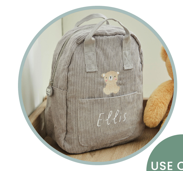 Personalised Biscuit Bear Grey Cord Mini Backpack