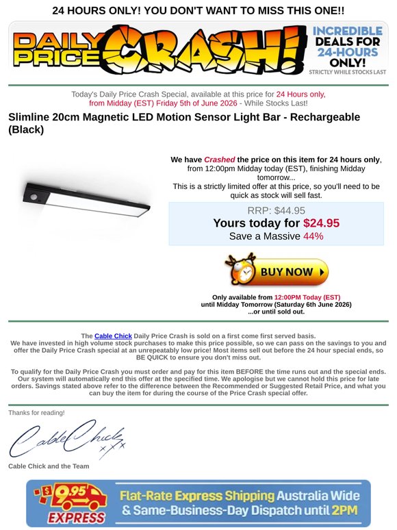 PRICE CRASH: Rechargeable Slimline 20cm Magnetic LED Motion Sensor Light Bar - SAVE 44%