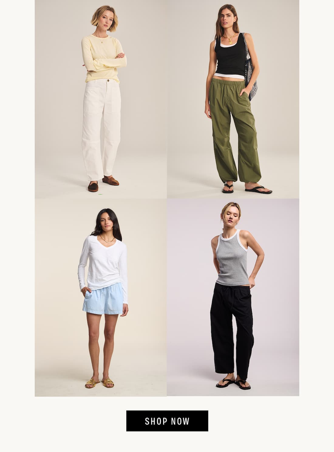4 images of models wearing these styles: Brylie Pant, Brooks Pant, Clove Shorts, and Allegra Pants. Button reads SHOP NOW.