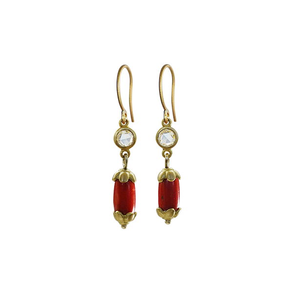 22K Gold Oxblood Coral & Rose Cut Diamond Drop Earrings