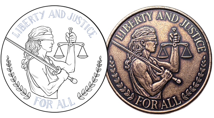 Line work of Nate Taylor's original design - Lady Justice holds her scales and sword and the ready