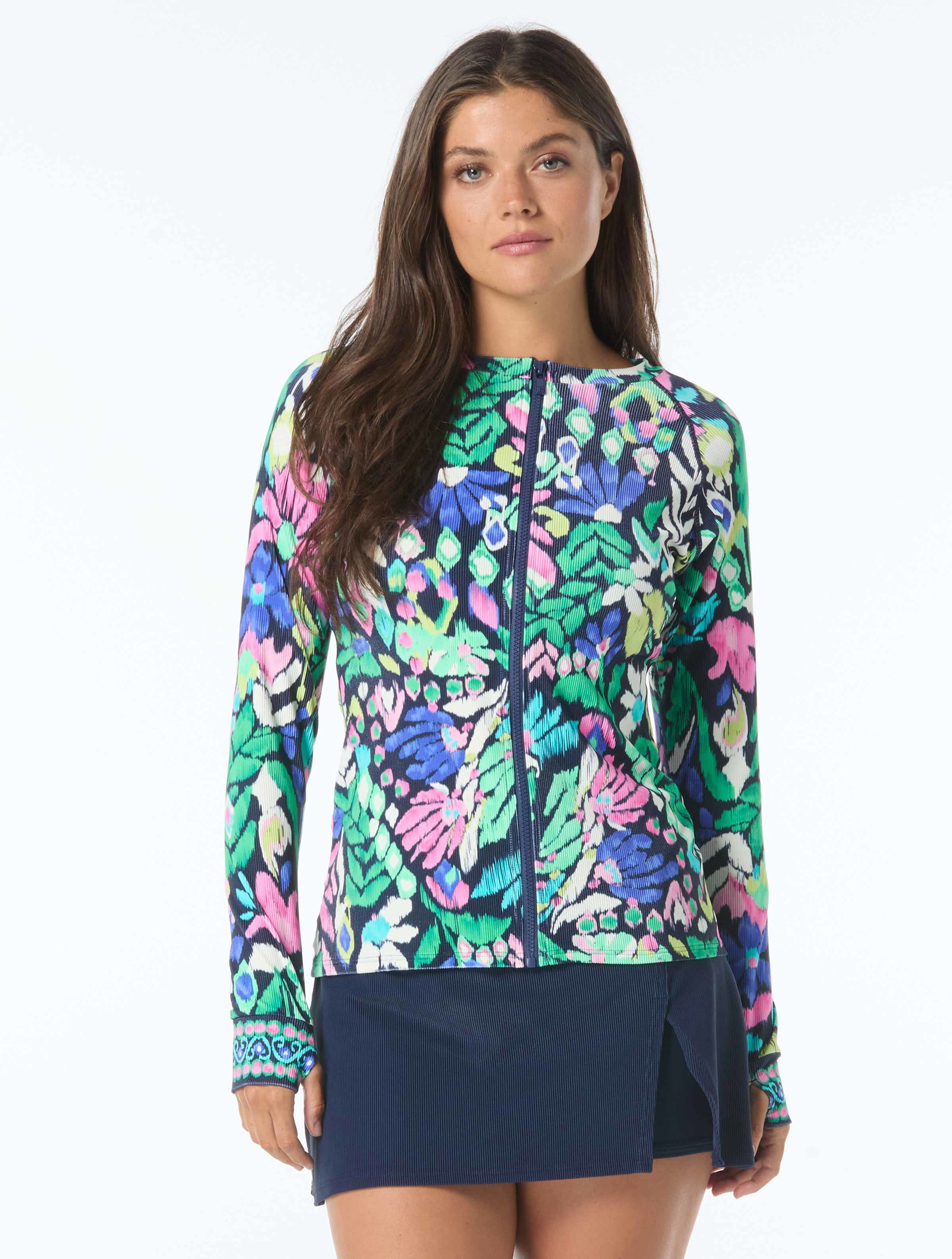 Image of Beach House Sport Activate Long Sleeve Zip Up Front Rash Guard - Monterey Garden Rib