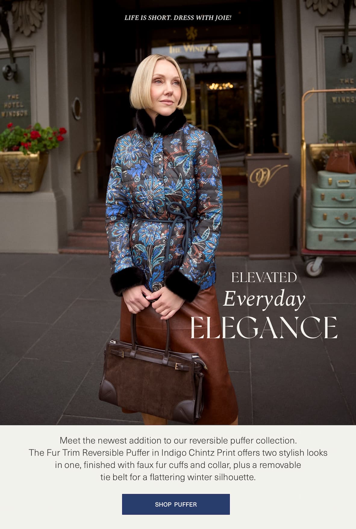 Shop The Fur Trim Reversible Puffer - Indigo Chintz Print