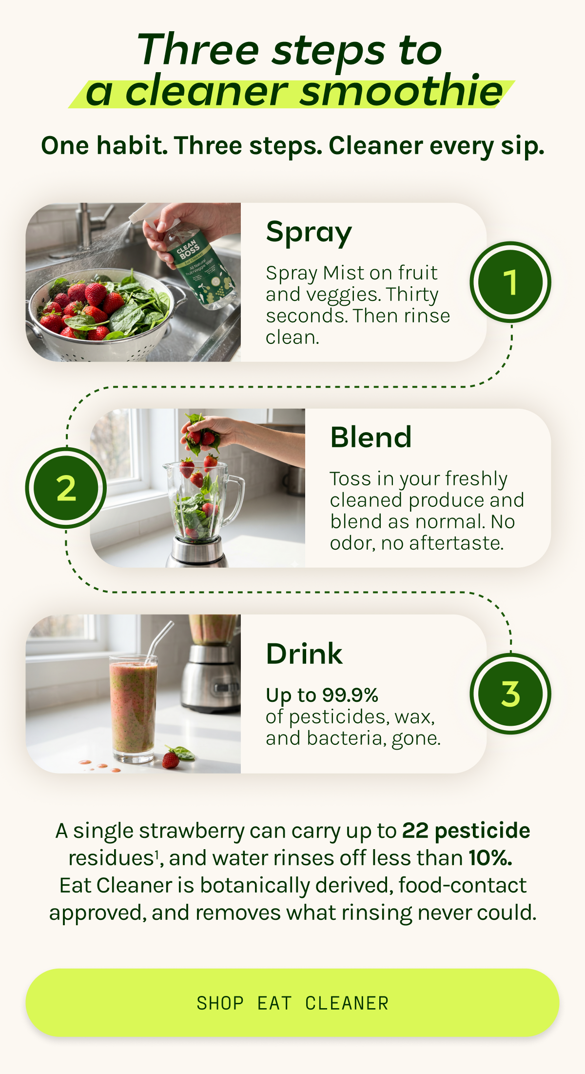  Three steps to a cleaner smoothie: Spray, blend, drink. Shop Eat Cleaner.