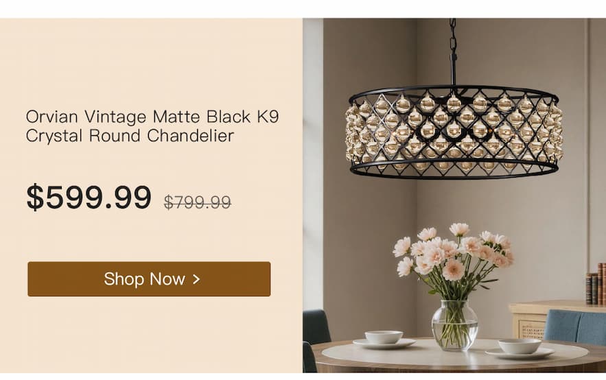 Orvian Vintage Matte Black K9 Crystal Round Chandelier