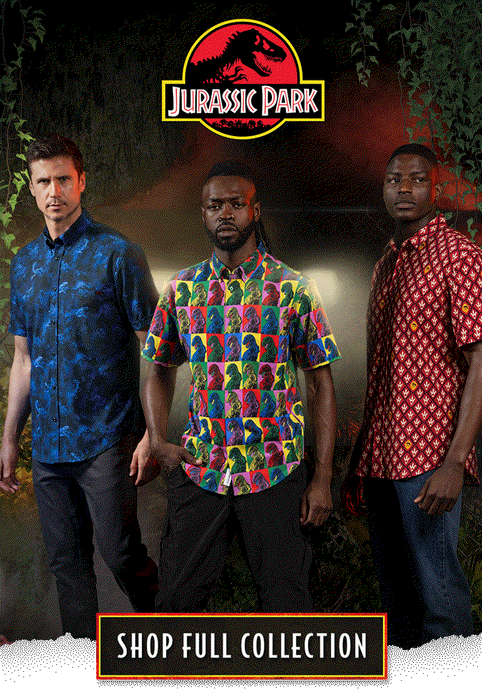 Rotation of men wearing shirts from The Jurassic Park Collection. Shop Full Collection