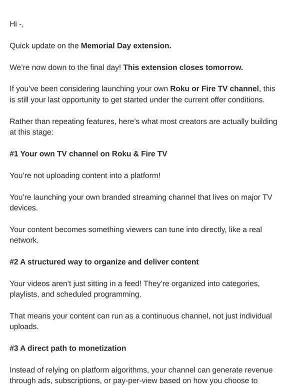 Final Reminder: 1 Day Left to Launch Your Roku Channel with NO Setup Fee!