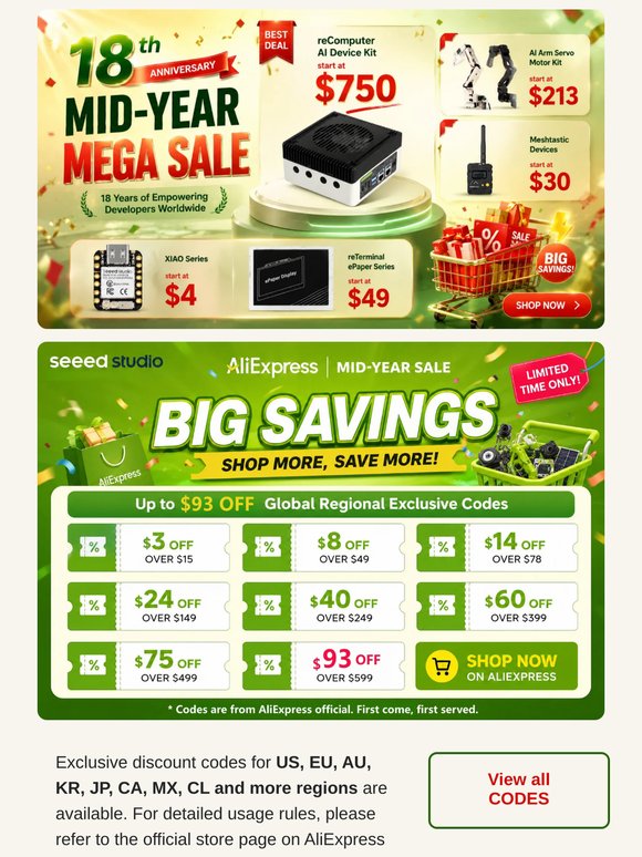 Up to $93 OFF × Seeed Studio 18th Anniversary 2026 | AliExpress Mid-Year Mega Sale