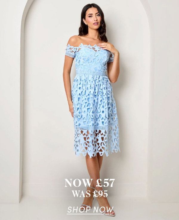 Bardot Lace Midi Crochet Dress in Blue