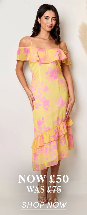 Off The Shoulder Frill Detail Midi Dress in Yellow