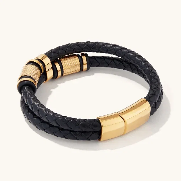 Yellow Stainless Steel and Leather Bracelet