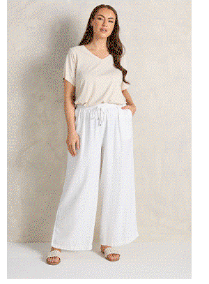 EVANS Curve White Wide Leg Premium Linen Trousers