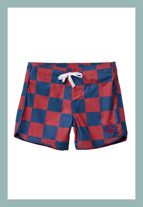 List of products:  Seaesta Surf Boys Boardshorts – Scallop Retro Flare in Surfing Cowboy Cactus Seaesta Scallop Retro Flare Boardshort / Nautical Checks / Navy Blue + Red