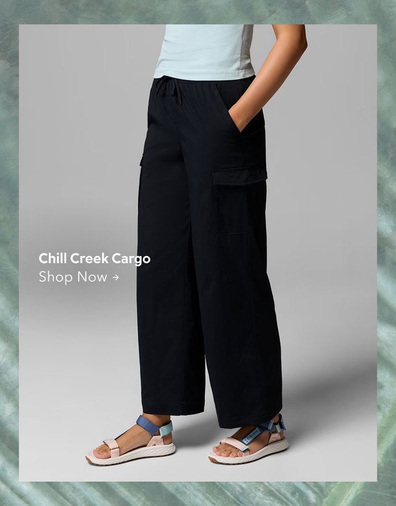 Waist-down image of a woman wearing brown cargo pants and white sandals with text: Chill Creek Cargo Shop Now