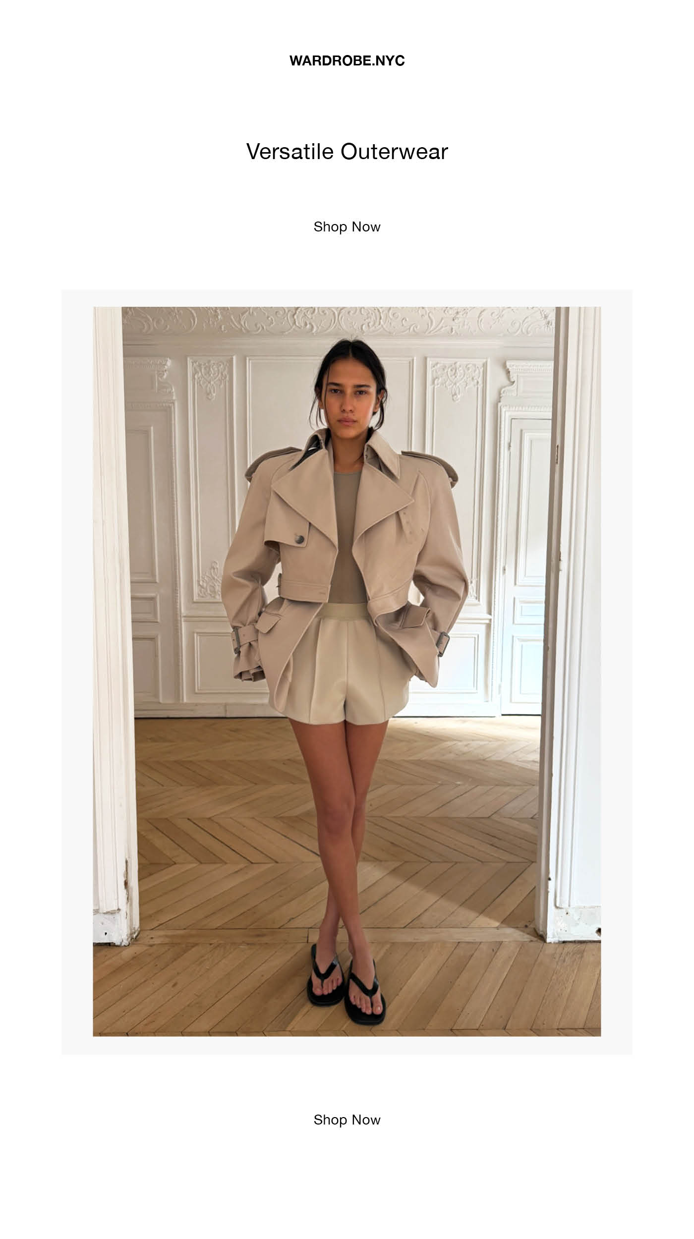 The Perfecto Trench and Drill Contour Blazer in Stone styled with the Bonded Short in Ash and Sheer Bodysuit in Taupe