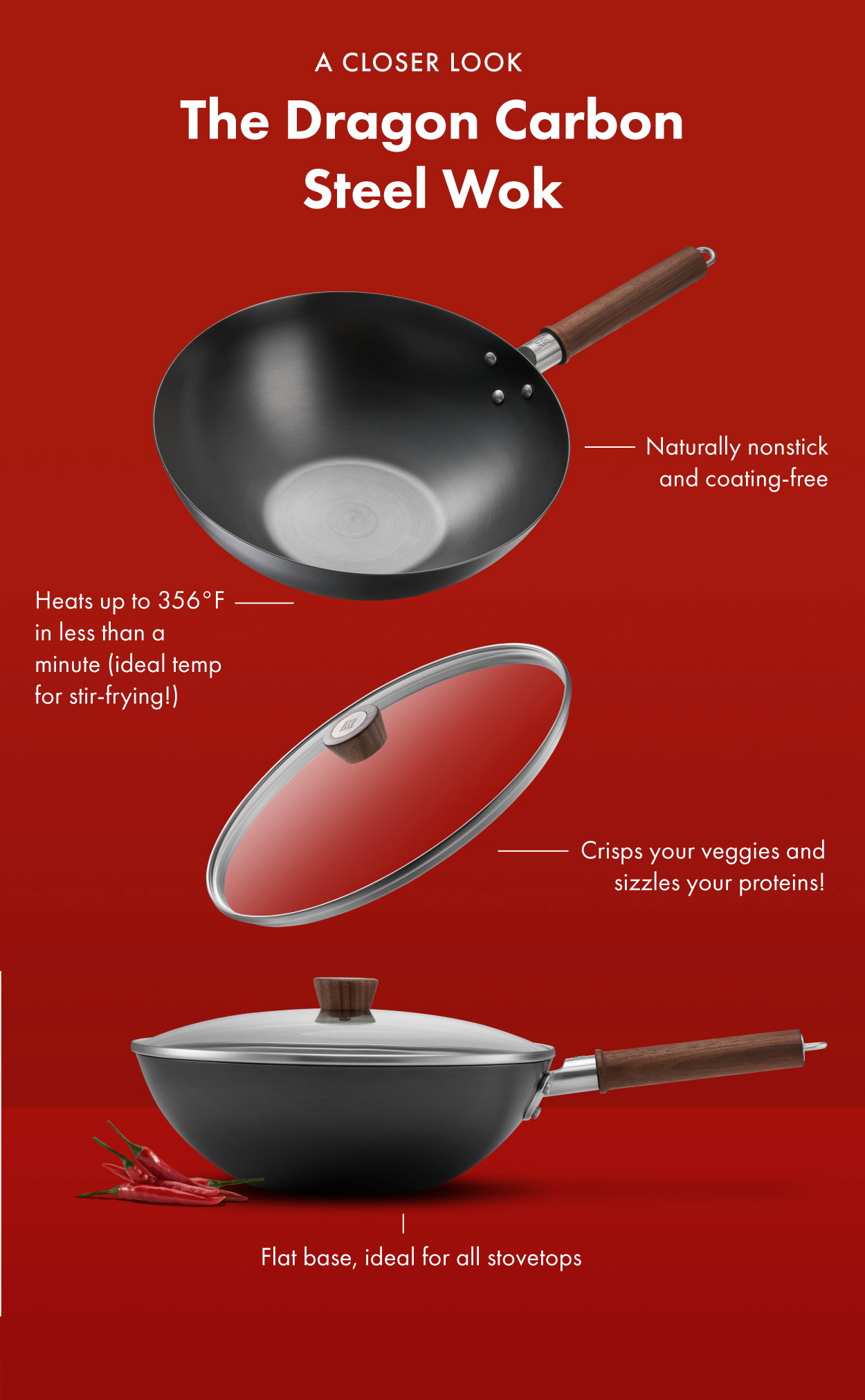 Why use carbon steel? Naturally nonstick and coating-free, heats up in less than a minute, flat base for all stovetops.
