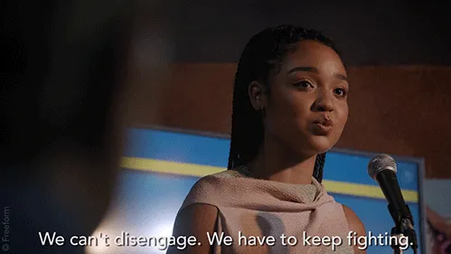 Kat from "The Bold Type" saying, "We can't disengage. We have to keep fighting."