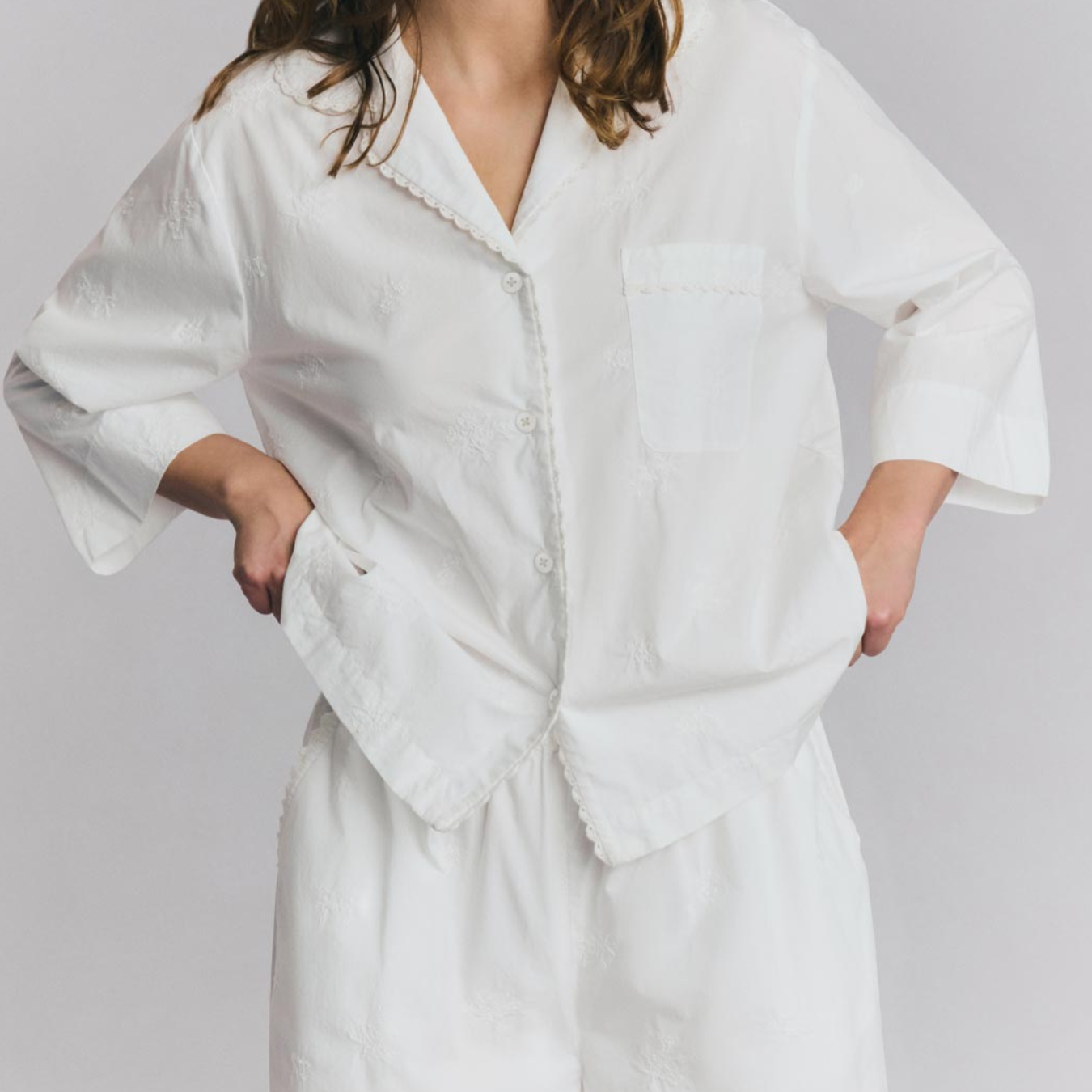 White Floral Embroidered Cotton Cropped Trouser Set