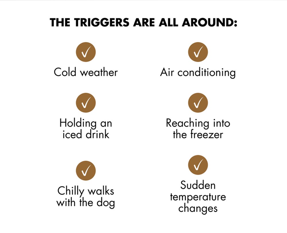 THE TRIGGERS ARE ALL AROUND: Cold weather Air conditioning Holding an iced drink Reaching into the freezer Chilly walks with the dog Sudden temperature changes