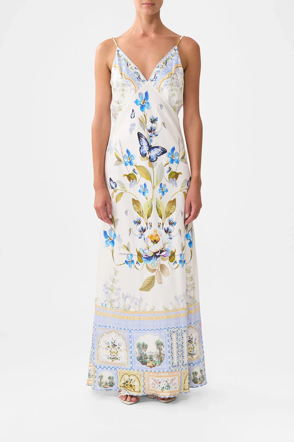 Image of V-NECK LONG BIAS SLIP DRESS WITH TRAIN BOTANICAL BALLADS