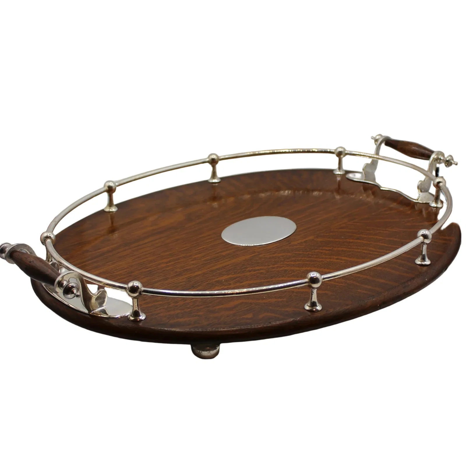 Image of A Silver Plated Oak Oval Tray, c. 1900