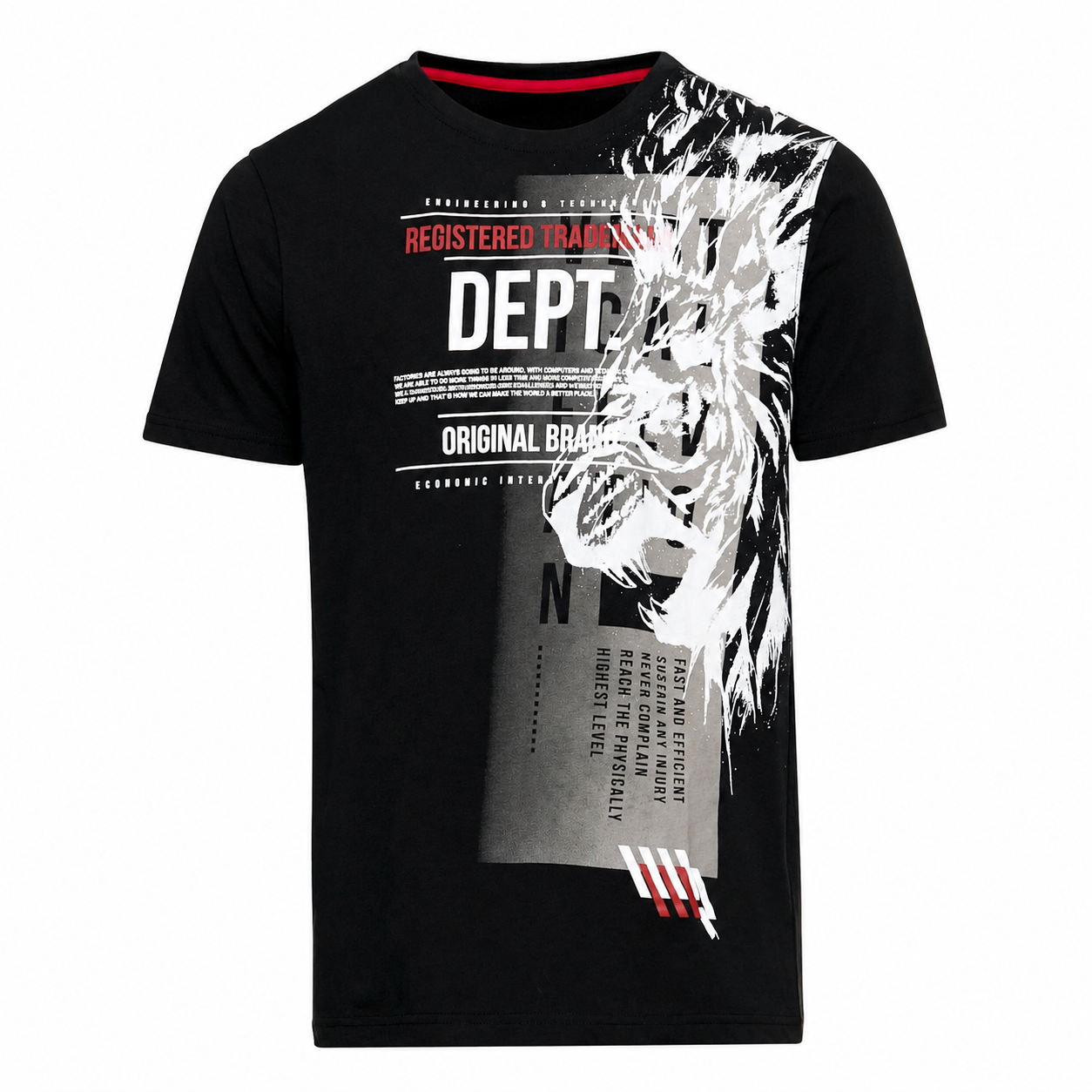 T-Shirt, Schwarz, grafischer Print mit Löwenmotiv und Schriftzügen, Rundhalsausschnitt, Vorderansicht